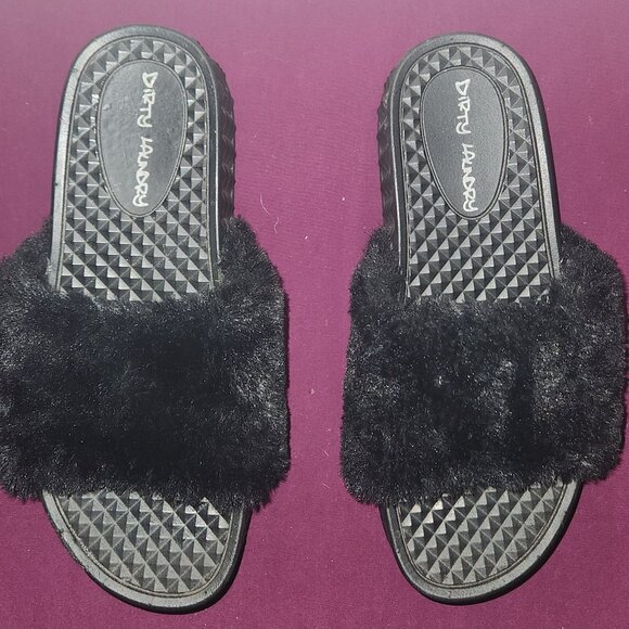 Dirty Laundry Black Fuzzy Slides With Platform Heels Size 7.5 - Picture 2 of 6